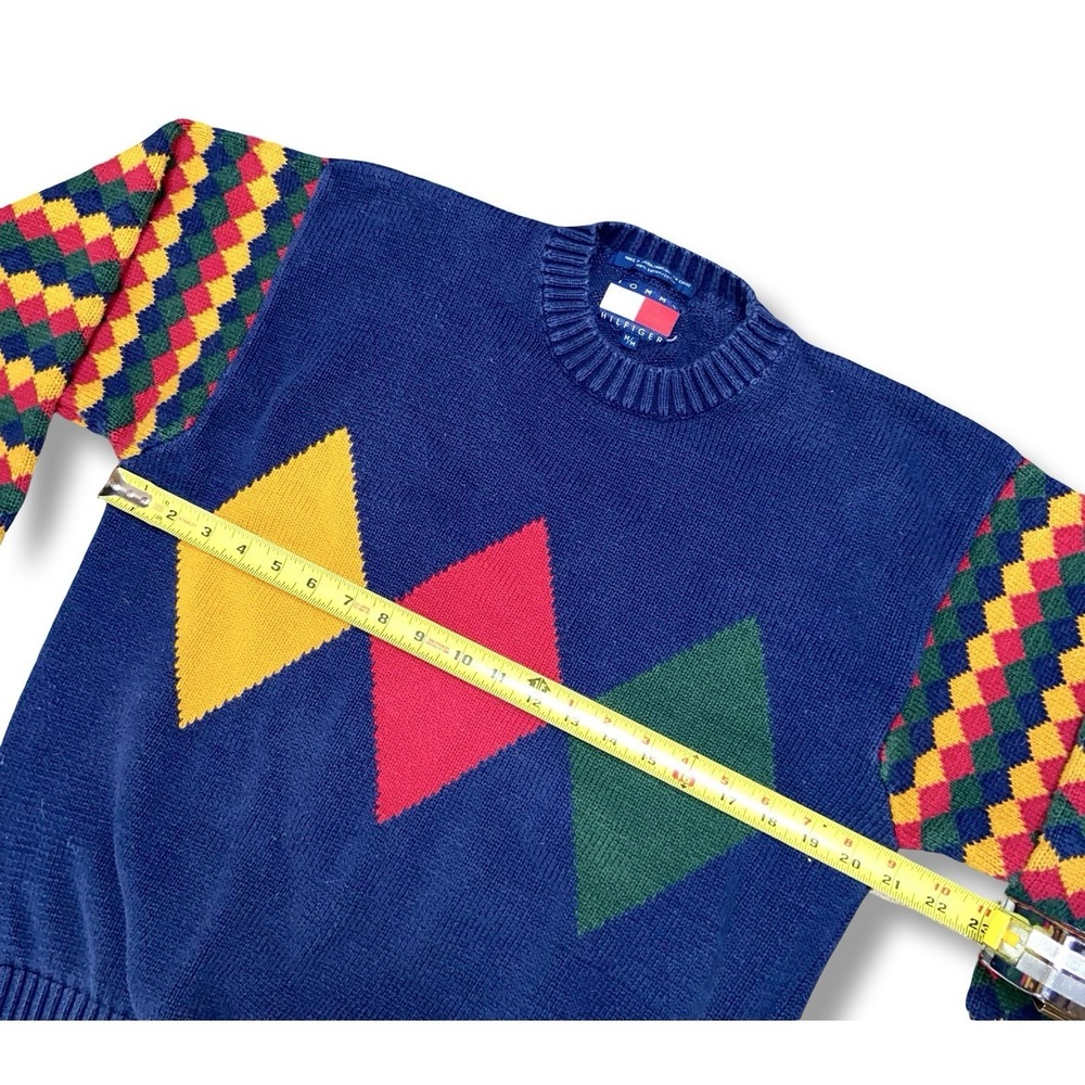 VTG Tommy Hilfiger Sweatshirt Size Medium Argyle Multicolor Cotton Knit Sweater - Picture 6 of 7